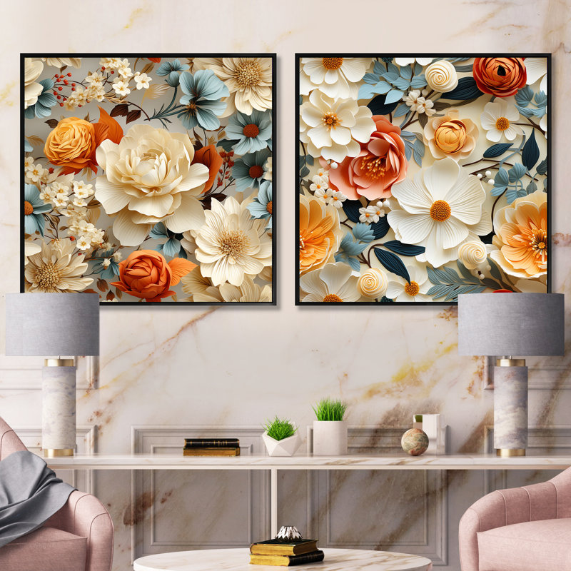 Padula - Ensemble de 2 collages carrés floraux, Cadre flottant noir, H 16 po x l 33 po