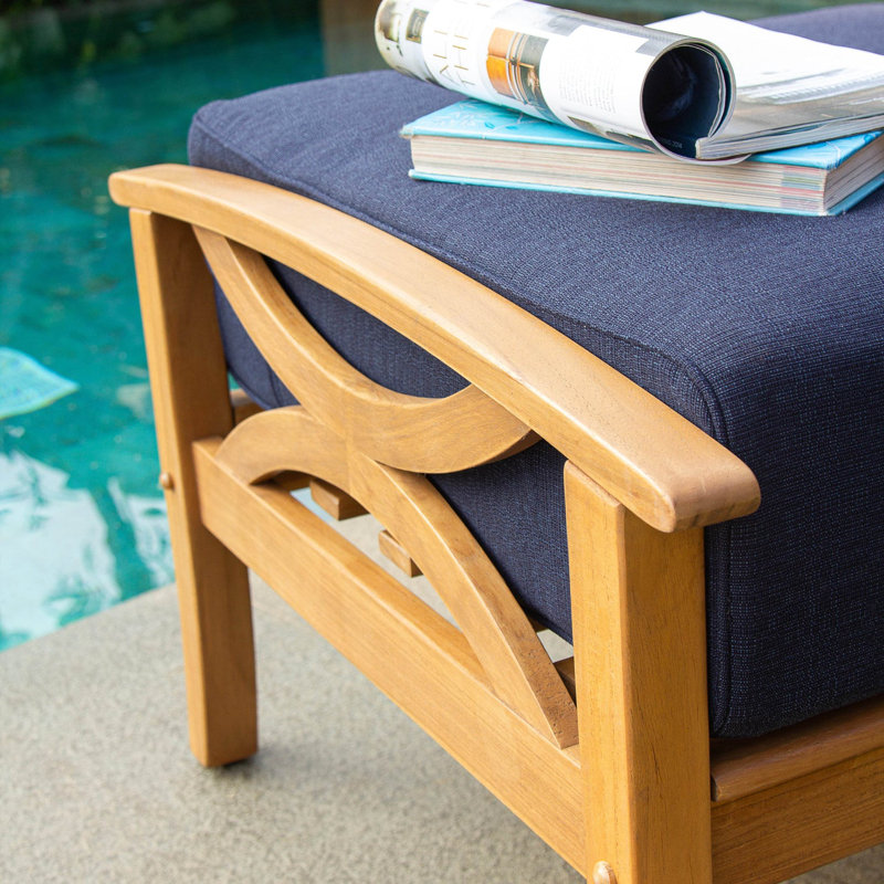 Repose-pieds d'extérieur en teck avec coussin Brunswick, Oléfine performance marine, Naturel
