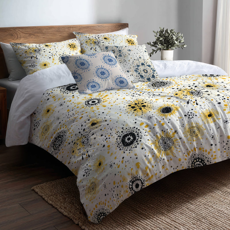 Ensemble de literie abstraite de 5 - Ensemble de housse de couette et coussin décoratif moderne jaune et noir Boho Mandala