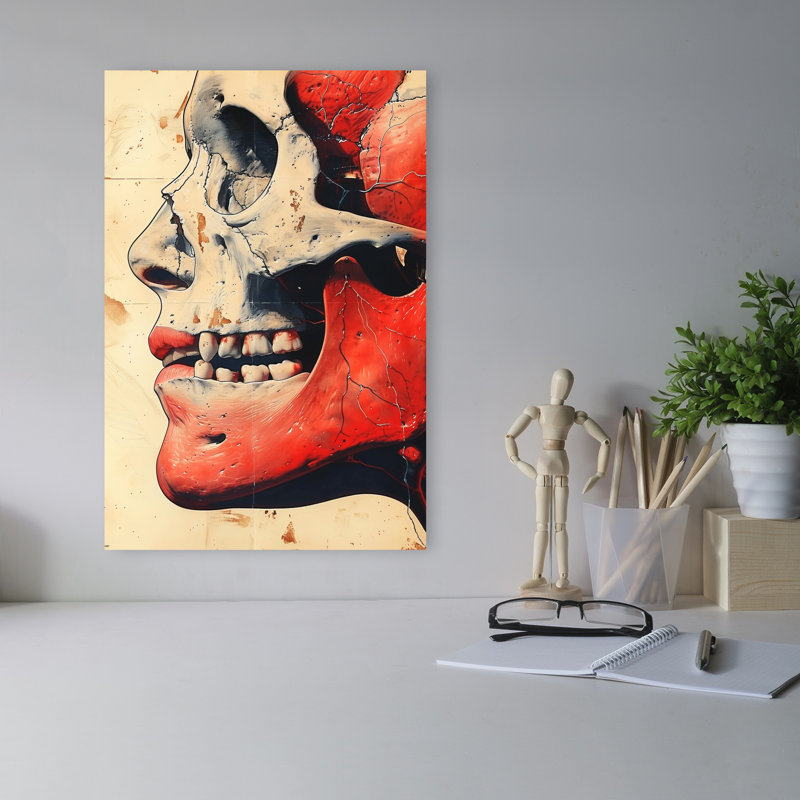 Art mural abstrait rétro crâne rouge, 18" H x 12" W