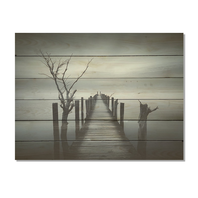 Monochrome Black And Grey Pier Horizon - Coastal Pier Wood Wall Art On Natural Pine Wood, 24" H x 32" W