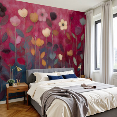 Vintage Peel and Stick Wallpaper Red Floral Burgundy Leaf Vintage Boho Flower Colorful Flowers Delicate Wall Murals 100"H x 144"W Removable PVC Wall Paper Self-Adhesive Wall Decor for Bedroom Living Room Home Office