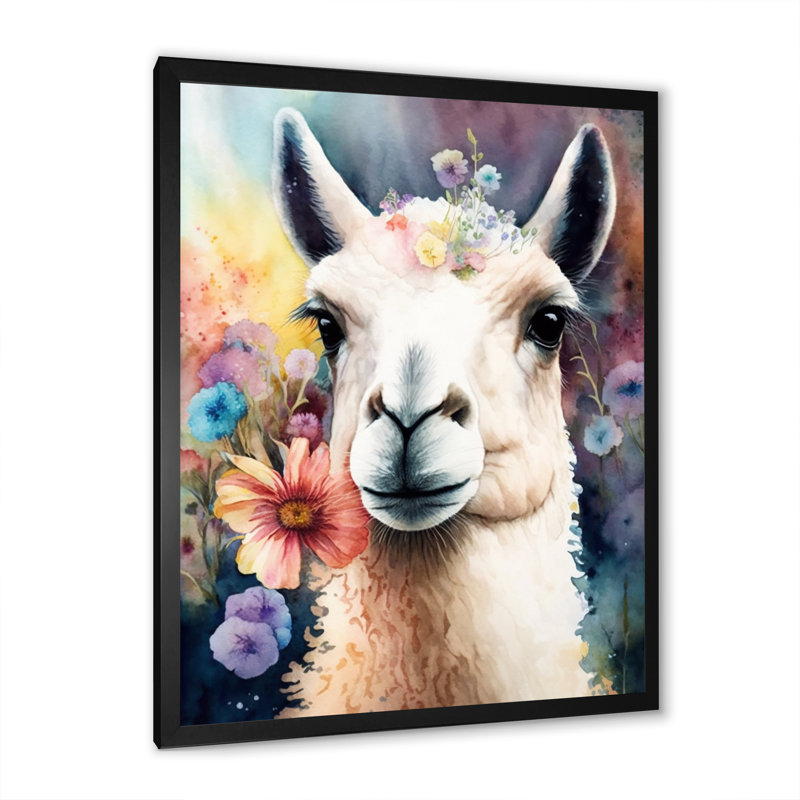 Portrait d'un lama avec des eurs, Cadre photo noir, H 20 po x l 12 po x P 1 po