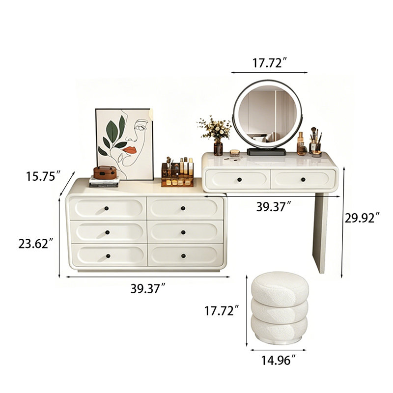 Table de maquillage de style buffet blanc de 51,18 po avec miroir