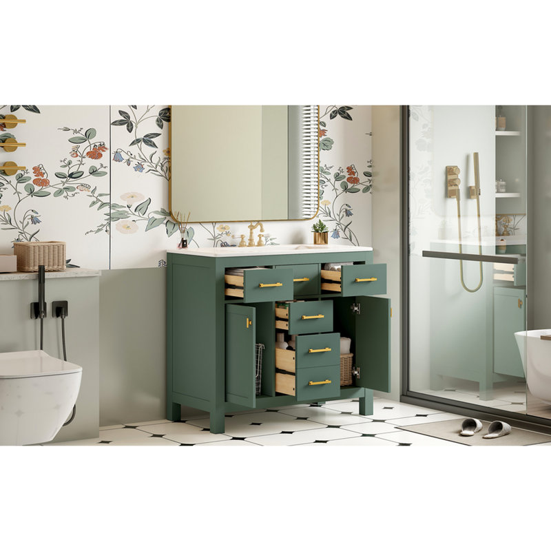 Meuble-lavabo moderne de 36 pouces, lavabo en céramique, 4 tiroirs, 2 armoires, trop-plein pré-percé, structure en bois massif, meuble-lavabo de 36 po facile à installer, glissière Shaker traditionnelle, poignées exquises