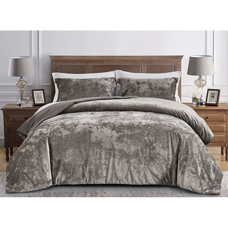 Lux Distressed Velvet Reversible Comforter Set, Gray, Queen Comforter + 2 Standard Shams