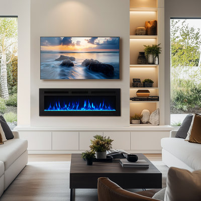 Puraflame Romy 50 Inch Recessed And Wall Mounted Electric Fireplace, 12 Colors Of Flame & Ember, 5 Brightness, 1500w Heater, Log & Crystal, Remote Control