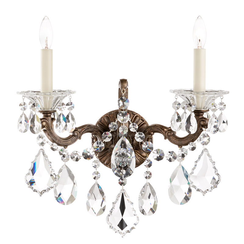 La Scala 2 Light 15in x 17in Wall Sconce with Round Backplate in Florentine Bronze with Clear Swarovski Crystals, Czech