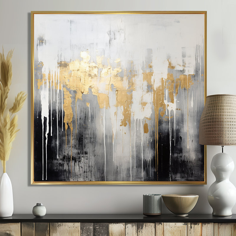 «Dripping Gold White Gray Black Gold - Abstract», reproduction d'art murale, 44" H x 44" W, Cadre flottant doré