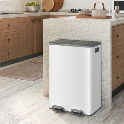 Poubelle de cuisine à deux compartiments 60L blanche avec bac à recyclage en acier inoxydable avec couvercle à fermeture en douceur pour bureau à domicile