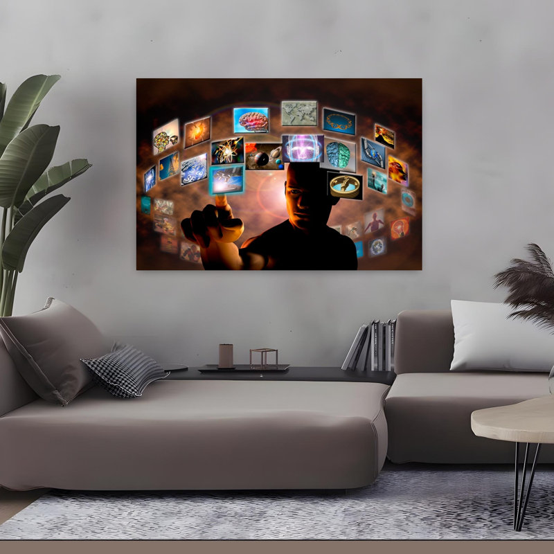 «Man Pointing To Screen Squares From intérieur d'un cercle», art contemporain abstrait, H 32 po x l 48 po