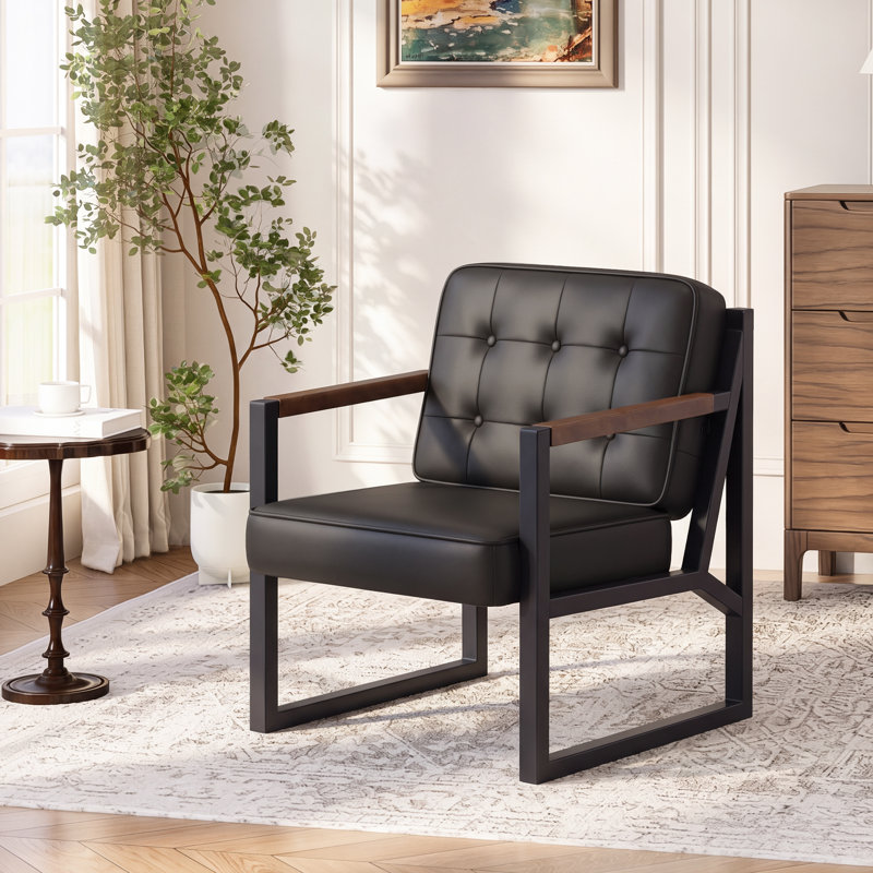 Modern Faux Leather Tufted Back Accent Chair with Metal Frame, Black Faux Leather