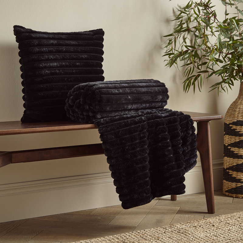 Cosy Ribbed Faux Fur Cushion Cover, Black