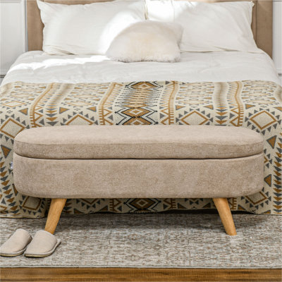 Storage Ottoman Bench, 43.3" Teddy Fleece Upholstered End Of Bed Bench With Wood Legs And Padded Seat, Oval Modern Entryway Bench, Beige