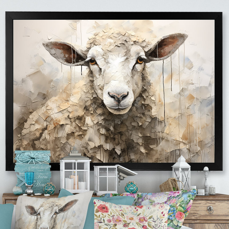 Cozy beige minimaliste mouton II - mouton, art mural, H 34 po x l 44 po x P 1,5 po, Cadre simple noir