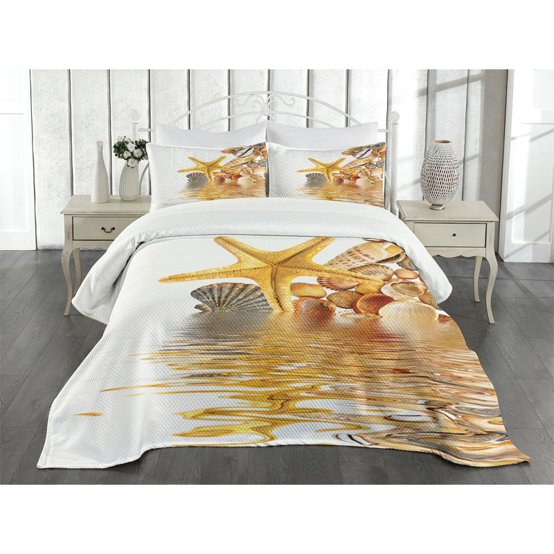 Ambesonne Beach Bedspread Sea Shells and Starfish, King Bedspread + 2 Standard Shams
