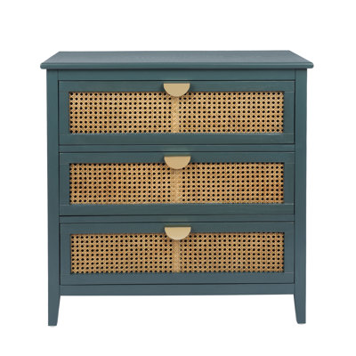Stylish 3 Drawer Cabinet With Natural Rattan And American Design, Versatile For Bedroom, Living Room, And Study.