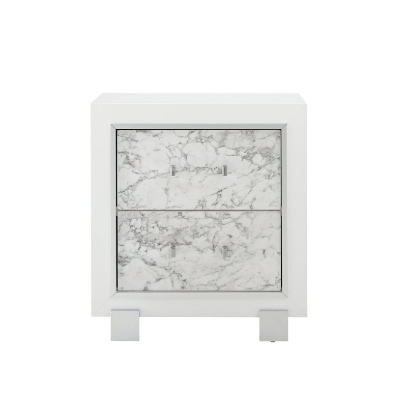 Home Imports Emporium Santorini White Modern 2 Drawer Nightstand with Faux Marble and Bar Pulls