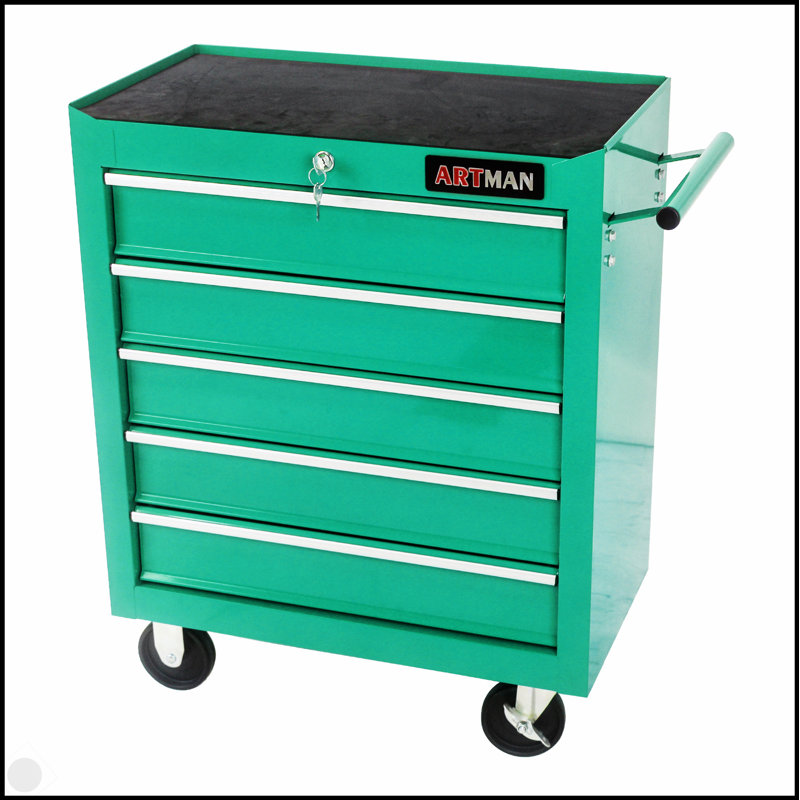 Coffre à outils à 5 tiroirs, armoire de rangement pour outils pour le garage avec 4 roues et système de verrouillage, Vert