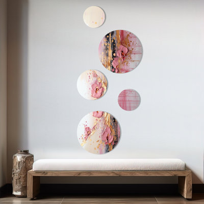 Or et rose, formes liquides modernes II - ensemble abstrait d'art mural rond de 5