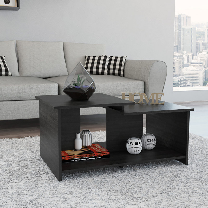 Wema Coffee Table with Split-Level Design, Open Storage Shelf, and Sleek Contemporary Structure, Dark