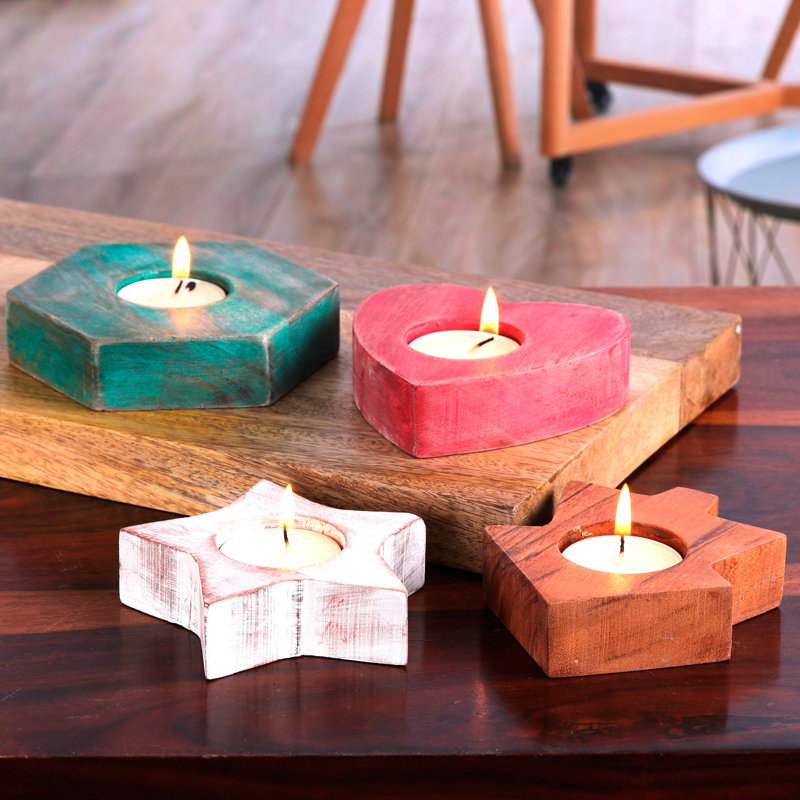 Gracie Oaks Handmade Cozy Glitter Wood Tealight Candle Holders (Set Of 4)