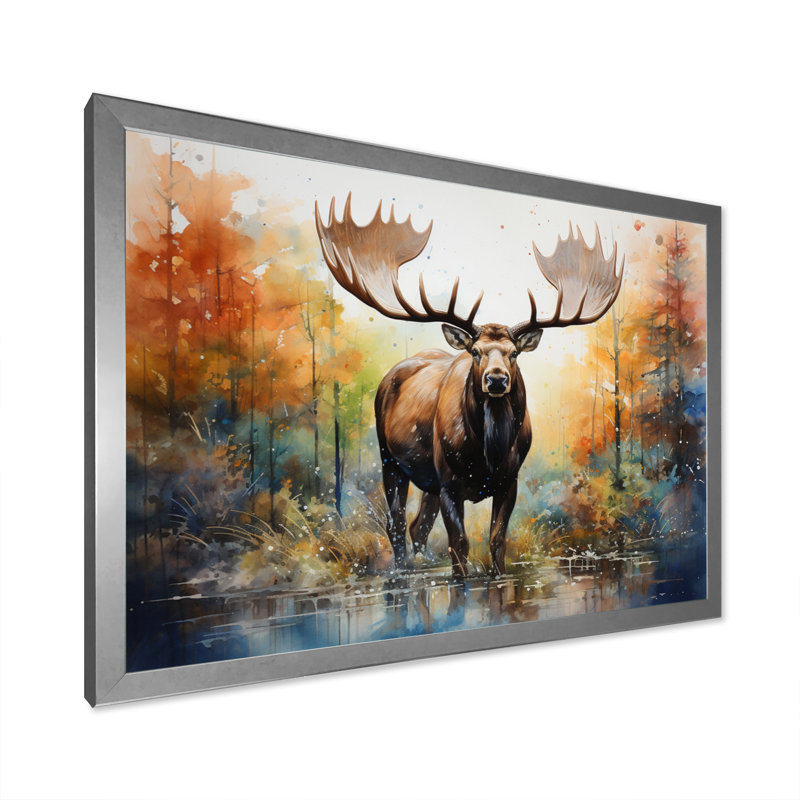 Bernardette Colorful Moose Majestic Pointillism, reproduction d'art sur toile, Cadre simple argenté