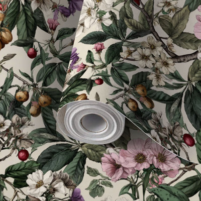 Peel and Stick PVC Wallpaper, Removable Self-Adhesive Wall Covering With Vintage Botanical Garden Seamless Design Print, Waterproof for Home Decor - Roll
