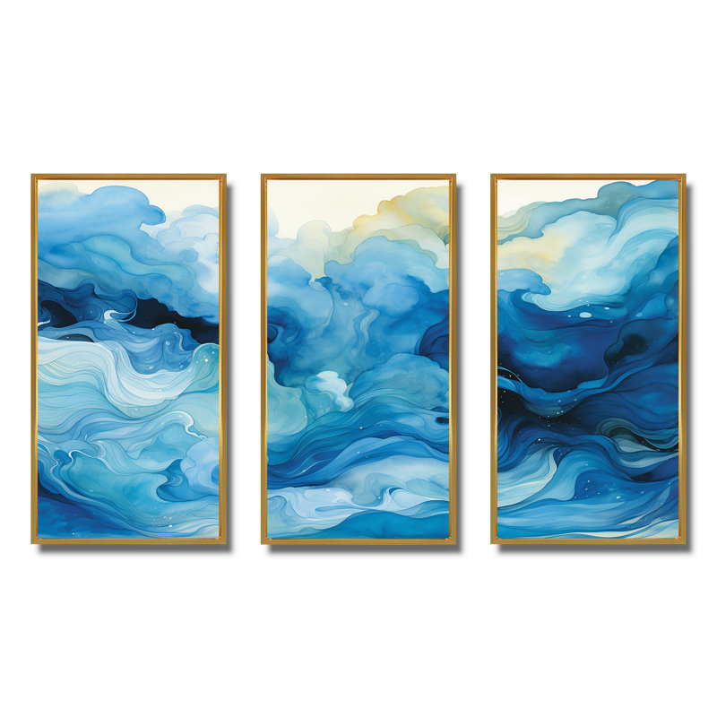 Blue Tidal Ripple Symphony - Abstract Collages, art mural, Cadre flottant doré, H 28 po x l 36 po x P 1 po