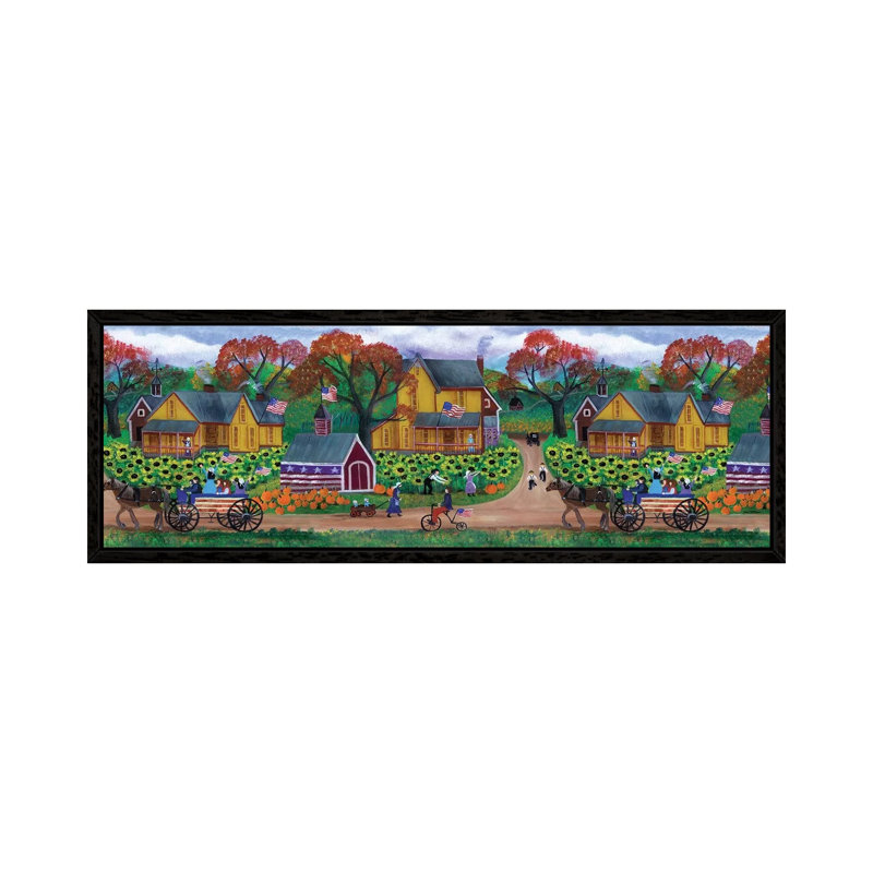 American Primitive Sunflower Pumpkin Farm Border by Cheryl Bartley - Panoramic Painting on Canvas, Black Framed
