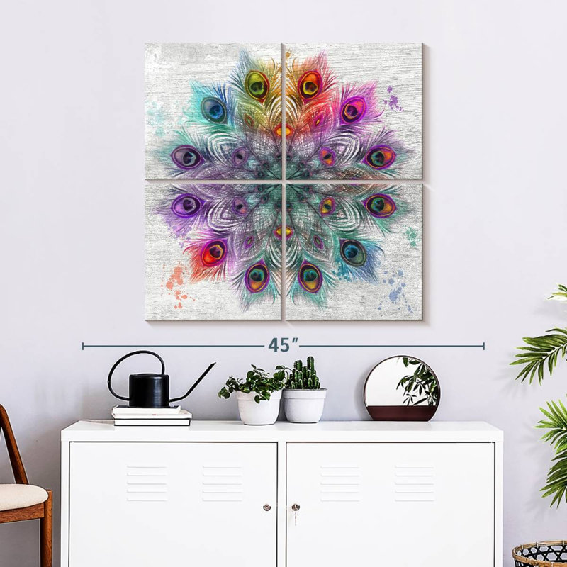 Mandala de plumes de paon en bois Kerner, H 32 po x l 32 po