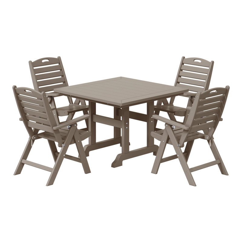 Laguna 5-Piece Square Table Folding Highback Chair Dining Set, Weathered Wood