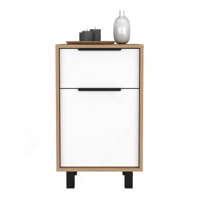 Table de chevet H 27 po, un tiroir, rangement avec porte, quatre pieds, blanc / pin
