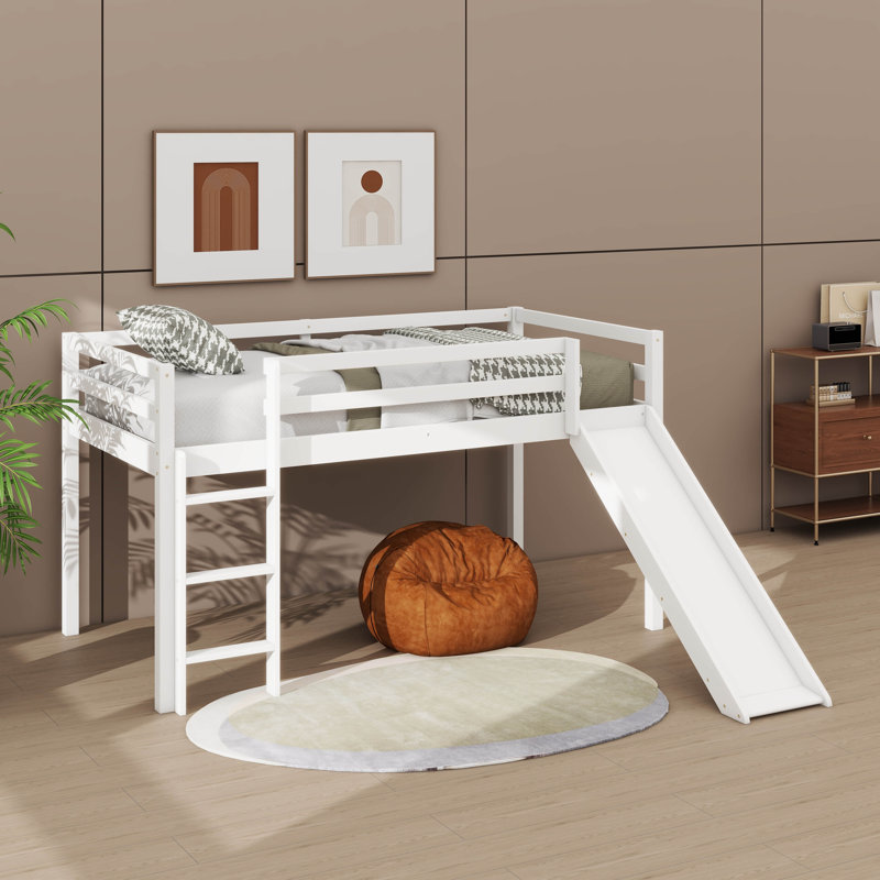Twin Raised Bed With Ladder And Slide Loft Beds Incorporating Safety Rails, White