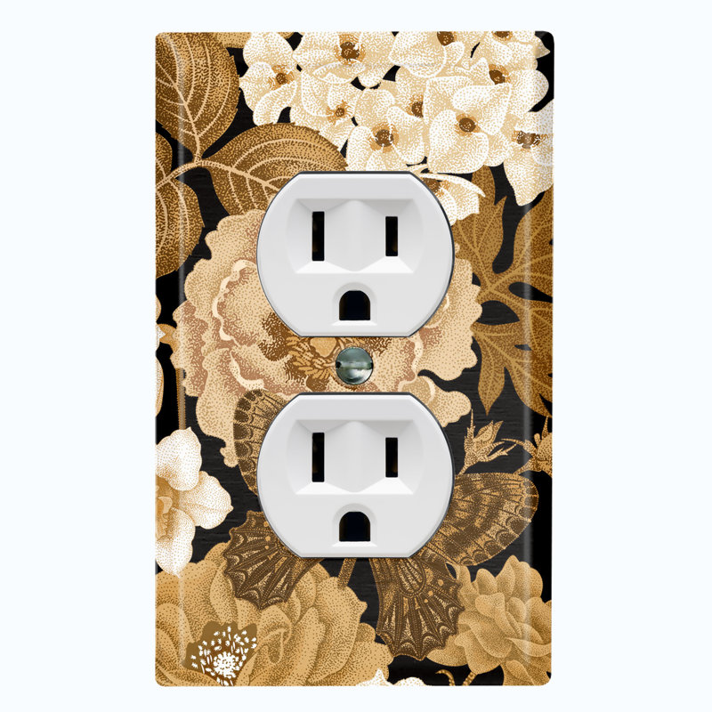 Metal Light Switch Plate Outlet Cover (Autumn Beige Flower White Leaves Black - Single Toggle)