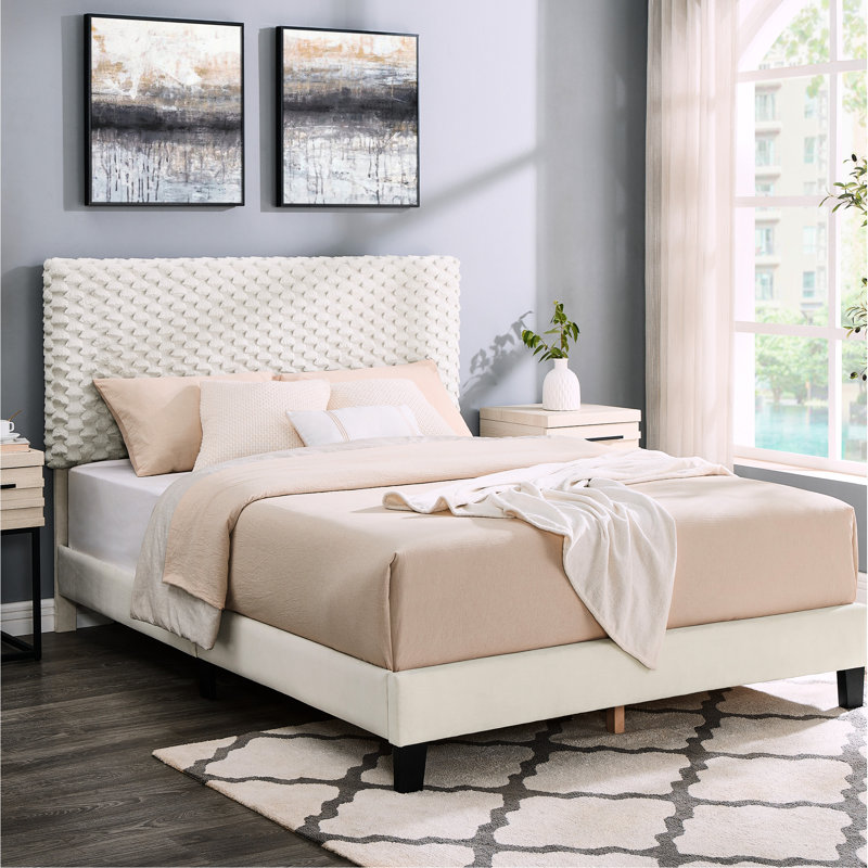 Cadre de lit tapissier blanc 3D - Tête de lit ajustable pour un sommeil relaxant, sans sommier, confortable et élégant