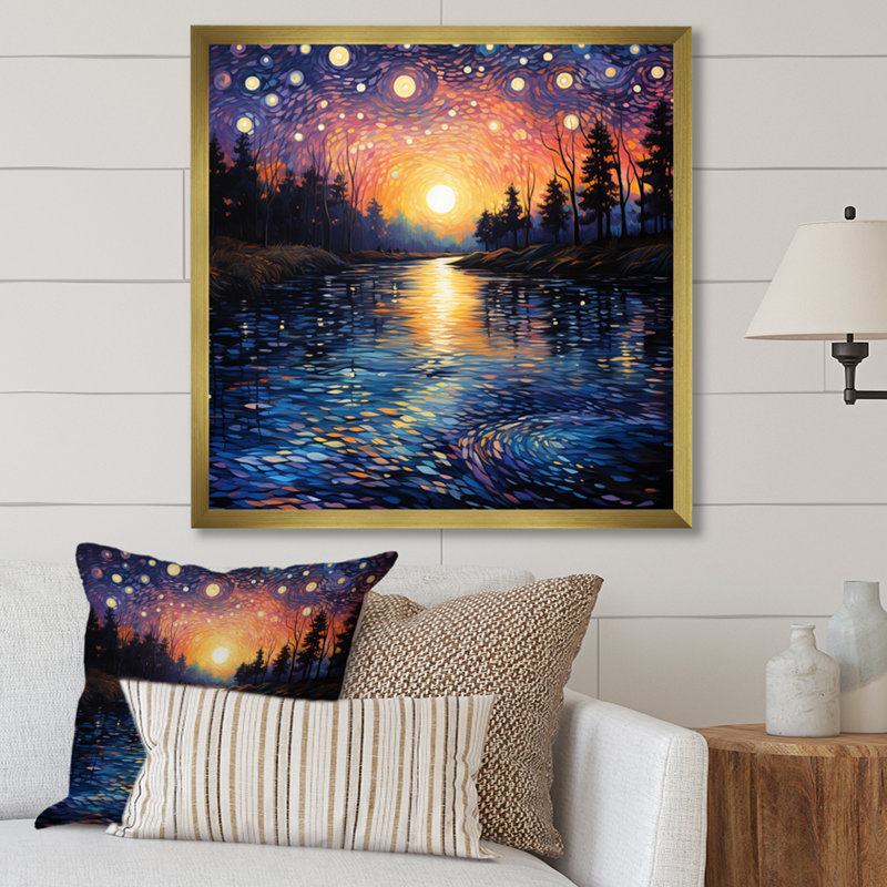 «Vangogh Twilight Reflections Pointillism - Vangogh Wall Art» par Vincent Van Gogh, peinture, H 24 po x l 24 po, Doré