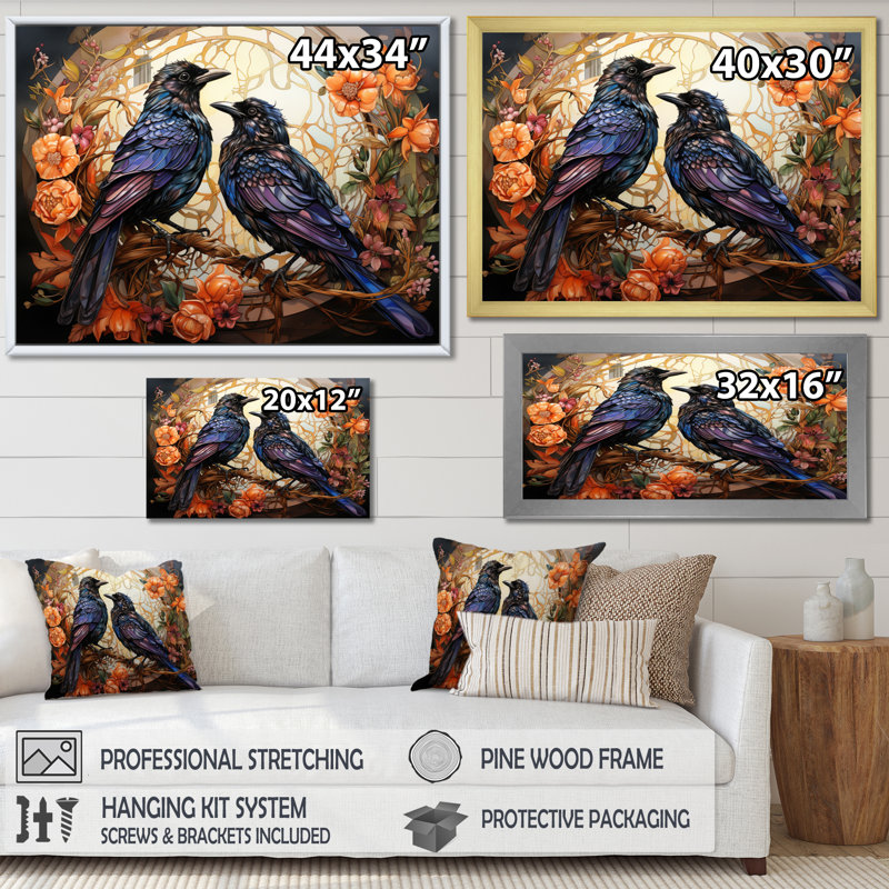 Corbeau enchanté monarques sur toile, H 16 po x l 32 po x P 1 po, Toile tendue