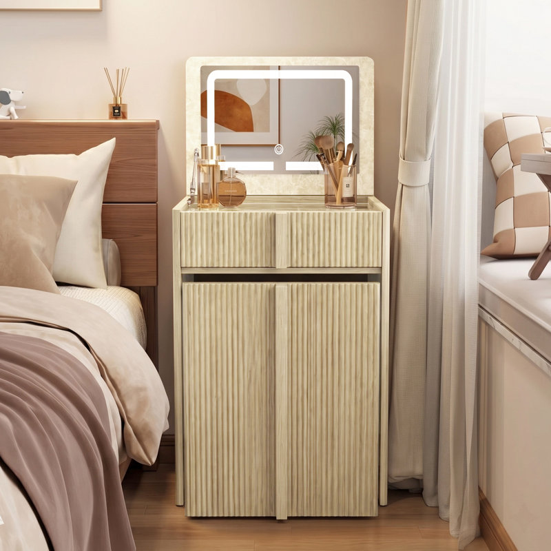 Ensemble de coiffeuse en bois avec miroir rabattable et 3 modes d'éclairage réglables, Natural