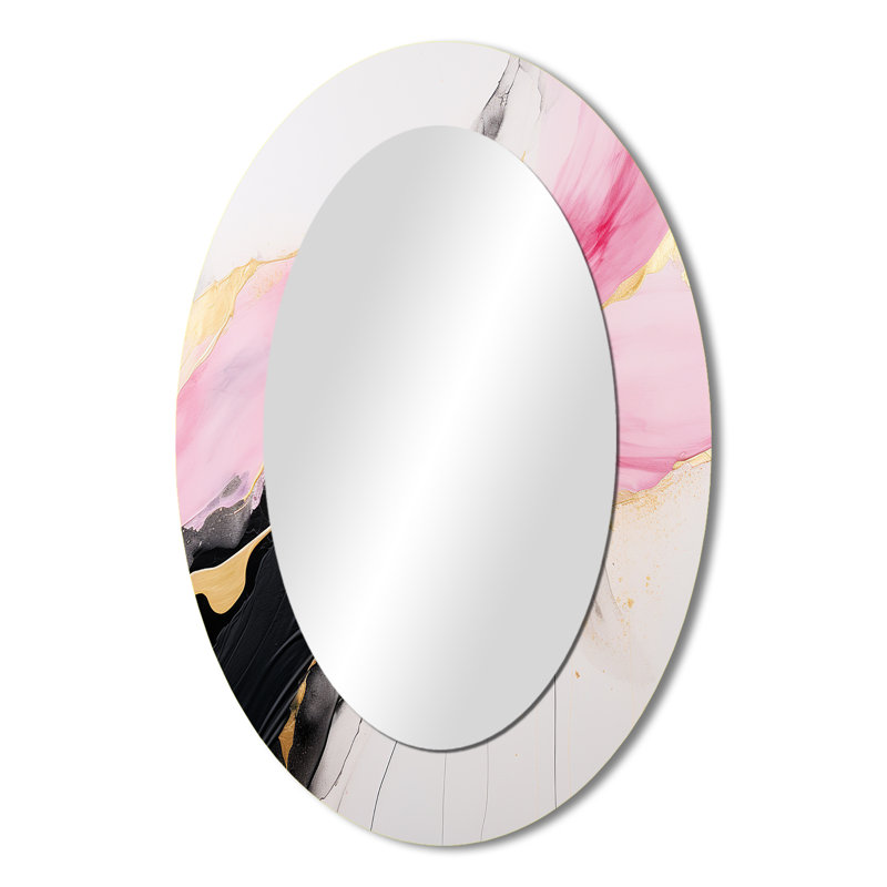 Miroir mural abstrait ovale abstrait doré rose et noir II, 36 po x 24 po