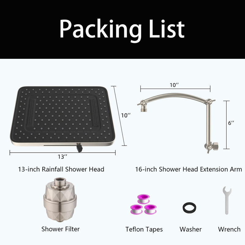 Rain Filtered Shower Head, 13'' High Pressure Rainfall,5 Modes Showerhead, With 16" Shower Head Extension Arm, Brushed Nickel