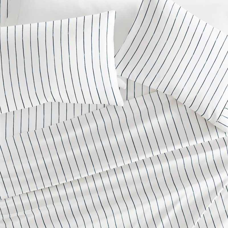  Ensemble de draps en microfibre bleu marine patiné, Ensemble de draps pour lit simple avec 1 taie d'or, Rayé 1