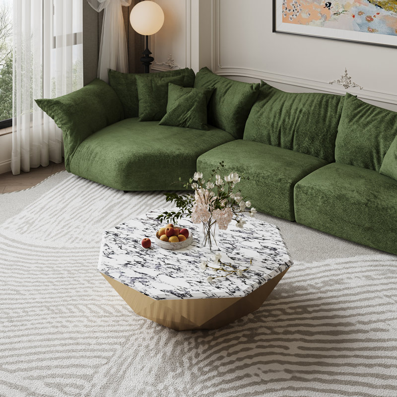 Modern Geometric Stone Coffee Table - Luxury Metallic Gold Frame Living Room Center Table, Polygonal Cocktail Table