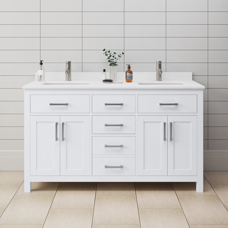 Beckett 60" Freestanding Double Bathroom Vanity with Cultured Marble Top, White, White Cultured Marble, Brushed Nickel