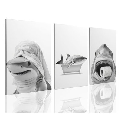 Framed Black And White Shark Bathroom Canvas Wall Art, 3Pcs Funny Ocean Animal Bathtub Paintings Pictures Wall Decor Modern Poster Printing Artwork For Restroom Toilet 16'' X 12''