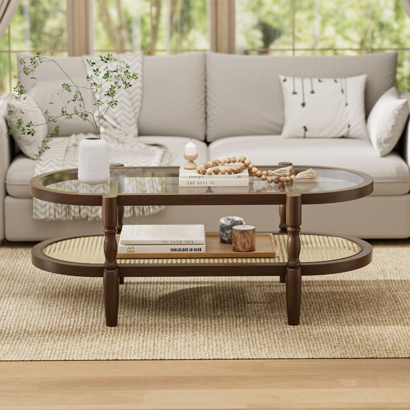 Table basse en verre avec tablette en rotin, Noyer, 48 po