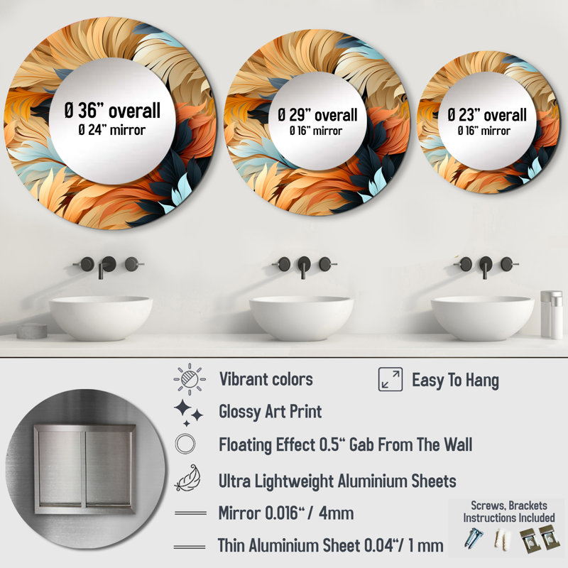 Rodnika Earthy Tones Boho Inspire Feather - grand miroir floral, décor de miroir mural rond beige unique, impression sur métal