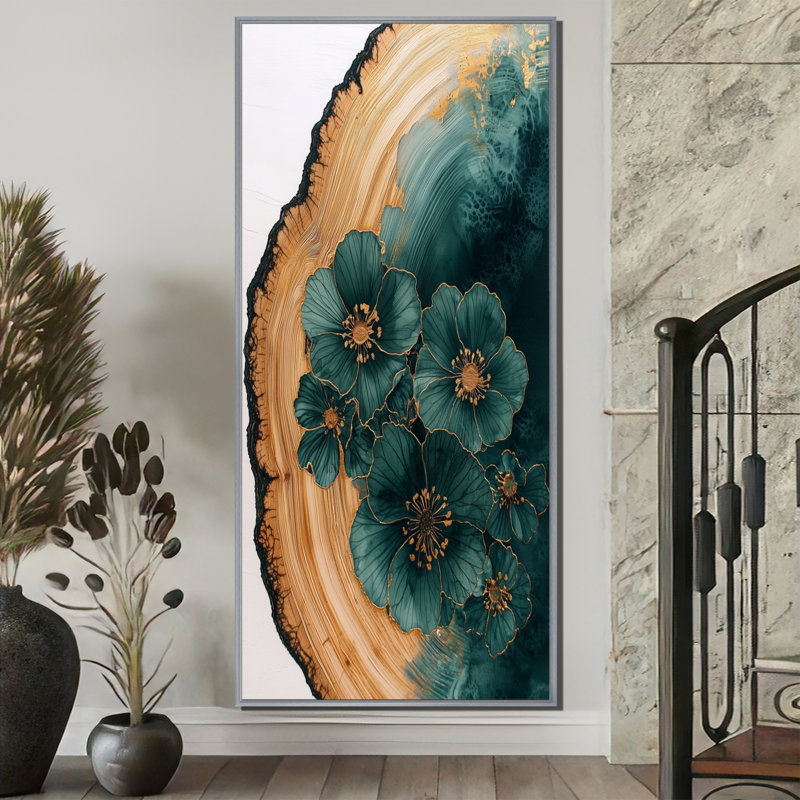 Fleurs vertes vertes sur glissade sur bois - Art sur toile, H 60 po x l 28 po, Impression encadrée flottante, Argent argent