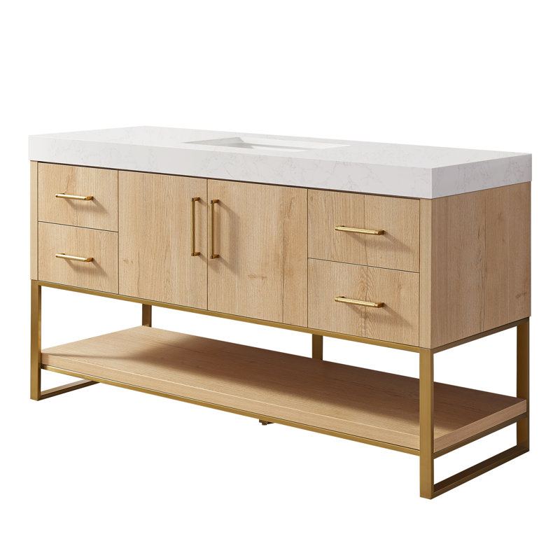Cataleya Single Sink Bath Vanity in Weathered  with White Grain Composite Stone Top, 60", Gold/Oak