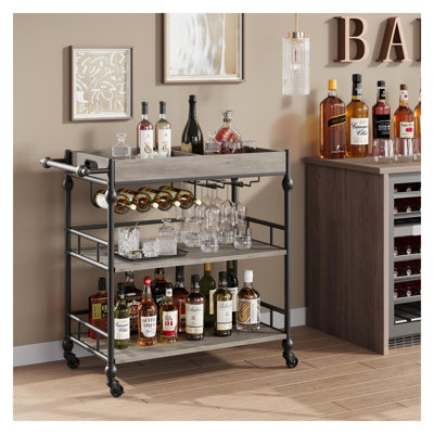 Serving Bar Cart for Home with Wine Rack & Glass Holders, Drink Trolley On Wheels by 17 Stories